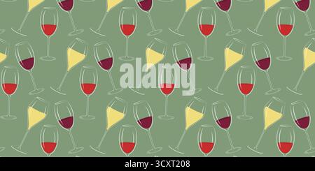 Wine Glasses with Red White and Rose Seamless Pattern on trendy green Wine Day Promotional Backdrop. Isolated Vector illustration Wine Thematic Cards Backdrop Party Invite Leaflets Banners Label Price Stock Vector