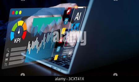 A digital concept showing AI analytics dashboard with KPI charts, data visualization, and performance metrics on laptop screen, representing business Stock Photo