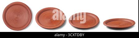 set of empty reddish-brown clay tray or saucer, rough earthy texture of unglazed terracotta pottery isolated white background, traditional craft Stock Photo