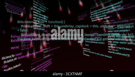 Floating JavaScript code snippets drifting through void, with binary digits and HTML fragments Stock Photo