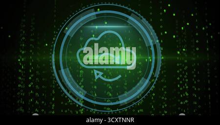 Pulsing cloud sync icon within rings in interface, emitting radial green glow and streaming bits Stock Photo
