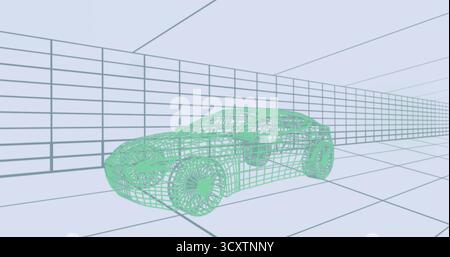 Displaying wireframe sedan in 3D modeling space on grid floor, with grid walls and ceiling Stock Photo