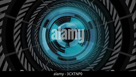Featuring circular digital interface in HUD graphic, with concentric rings, radial segments Stock Photo
