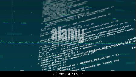 Stylized code blocks floating in data space with numeric labels, dotted line graphs, grid overlays Stock Photo