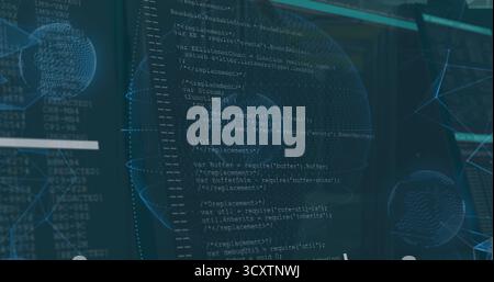 Displaying central code editor showing JavaScript variables in tech space, with 3D wireframe globes Stock Photo