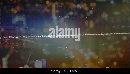 Displaying waveform chart moving across nighttime cityscape, with circular markers and gridlines Stock Photo