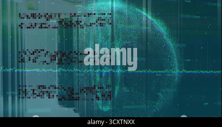 Displaying server racks cables LEDs in data center projecting digital sphere and numeric graph line Stock Photo