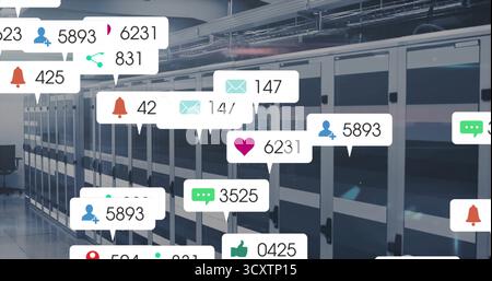 Displaying central server rack cabinets undergoing monitoring in data center, notification icons Stock Photo