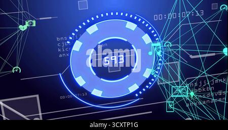 Displaying circular HUD gauge glowing on blue digital interface, featuring 593 readout, arcs, icons Stock Photo