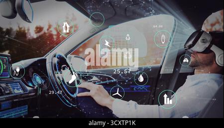 Sitting driver wearing VR headset and grasping steering wheel in car cabin, with HUD readouts Stock Photo