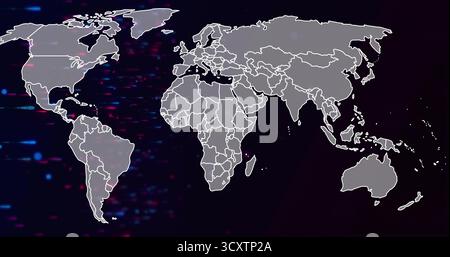 Displaying map with gray continents and white borders on dark screen, with red and blue particles Stock Photo