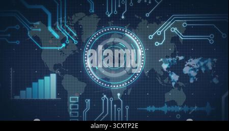 Displaying circular HUD interface showing data rings on panel, with map and glowing circuit nodes Stock Photo