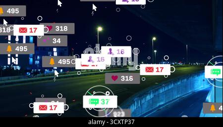 Floating social media notification icons hovering above highway under overpass, lights, barrier Stock Photo