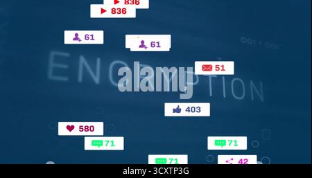 Displaying ENCRYPTION word floating on deep blue gradient background, with notification badges Stock Photo