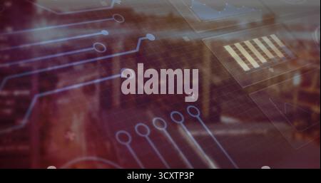 Displaying translucent digital circuit overlay floating over blurred city with grid and bar chart Stock Photo