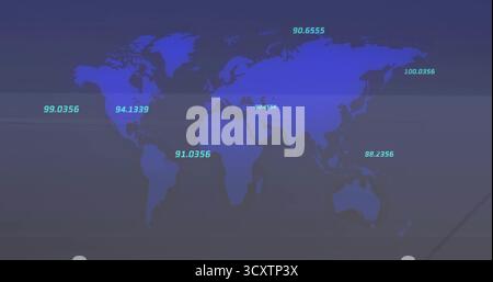 Displaying stylized digital world map filling interface screen, with teal numeric overlay labels Stock Photo