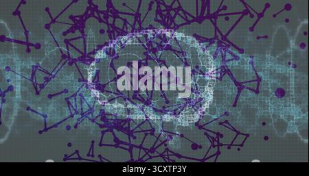 Presenting brain network forming by pixel blocks in gray grid, with purple nodes and cyan waveforms Stock Photo