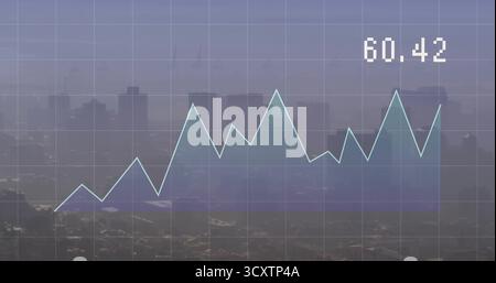 Displaying light-blue line chart overlay on grid over hazy city skyline with numeric label 60 Stock Photo