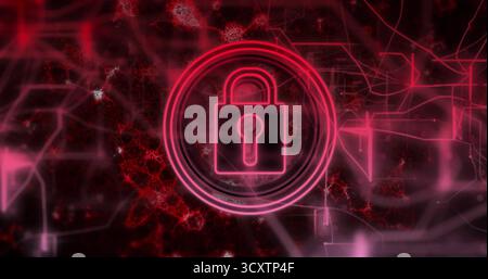Displaying neon pink padlock icon glowing in circle outline on dark red network with circuit nodes Stock Photo