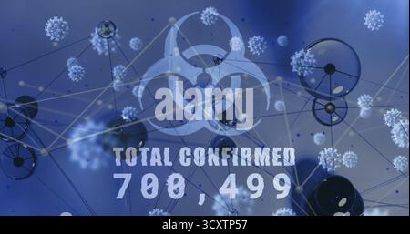 Displaying translucent biohazard symbol in network visual showing virus icons and numeric total Stock Photo