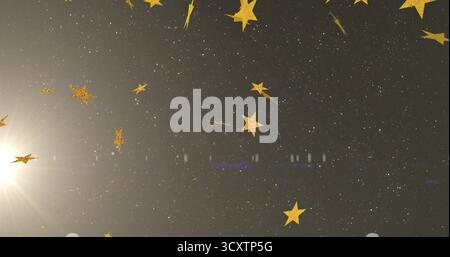 Drifting golden star-shaped confetti pieces through celestial backdrop, with bright light flare Stock Photo