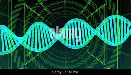 Displaying neon teal 3D DNA double helix in abstract digital interface, with geometric frames Stock Photo