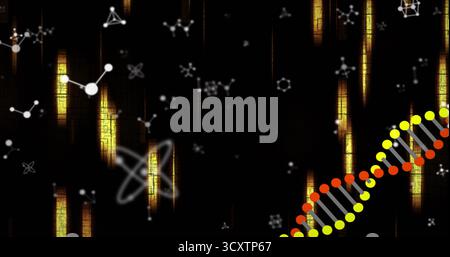 DNA helix with colored nodes crossing dark science scene, with golden pillars and icons, copy space Stock Photo