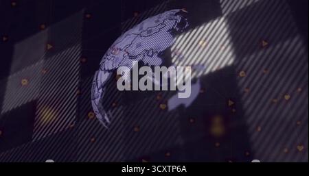 Rotating Asia-Pacific wireframe globe showing lit outlines, light stripes and floating icon motifs Stock Photo
