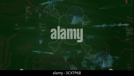 Displaying skull and crossbones icon over cybersecurity screen with world map, code, red circuits Stock Photo