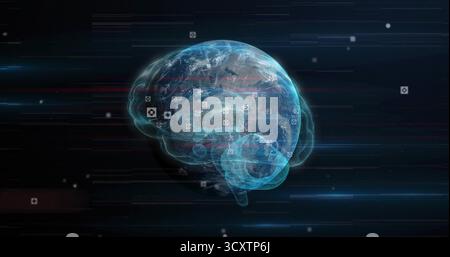 Showing brain shaped overlay wrapping around Earth globe in digital space with floating data icons Stock Photo