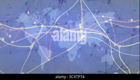 Showing translucent world map outline on GUI grid, highlighting glowing nodes forming curving lines Stock Photo