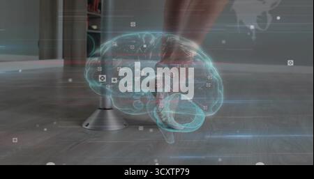 Floating translucent 3D brain hologram showing icons in studio, with support pole and shelving Stock Photo