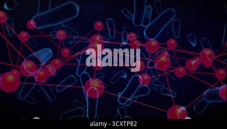Displaying network connecting red spherical nodes with red lines on navy field, with blue cylinders Stock Photo