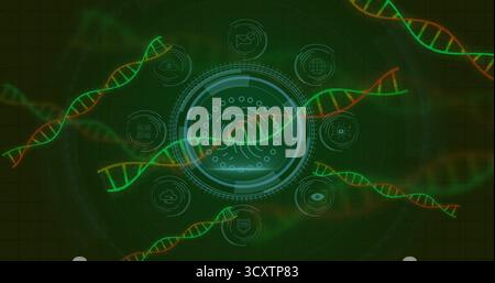 Displaying fingerprint HUD on dark grid plane, DNA helices, cloud, email, globe and database icons Stock Photo