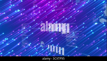 Streaming neon diagonal light streaks across data network, with code snippets and bar chart blocks Stock Photo