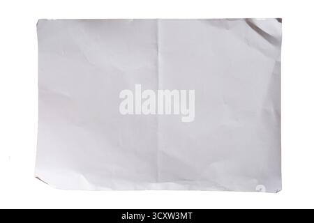 White crumpled paper folded in half isolated on white background with clipping path Stock Photo
