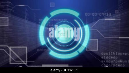 Projecting central holographic interface with rings above virtual grid, overlays, code and timecode Stock Photo