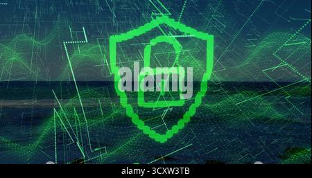 Displaying pixelated green shield enclosing padlock at ocean horizon with floating grid lines Stock Photo