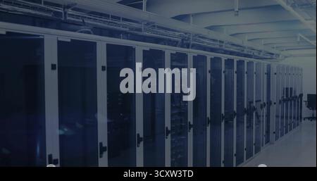 Displaying glass-front server racks with blinking network switches in data center, with cable trays Stock Photo