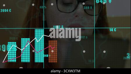 Analyzing woman wearing glasses and dark top holding smartphone at office desk, with chart overlays Stock Photo