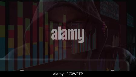 Hooded man wearing glasses analyzing stock data on floating monitors in control center, with graphs Stock Photo