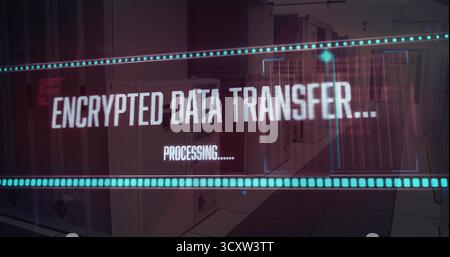 Displaying overlay showing encrypted data transfer processing on server racks, LEDs in data center Stock Photo