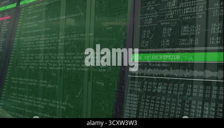 Displaying monitors showing code editor and encryption UI panel at data center, copy space Stock Photo