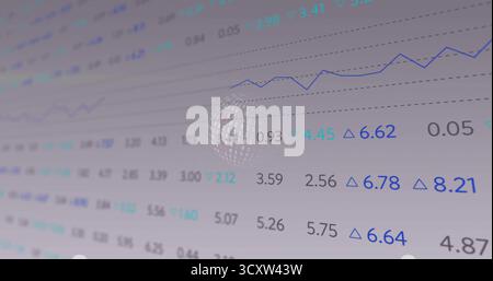 Rotating binary sphere moving through data dashboard, showing numeric rows and jagged line graph Stock Photo