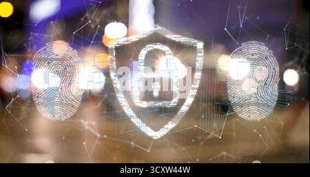 Showing glowing shield over street at night, featuring padlock fingerprints 3D cubes network links Stock Photo