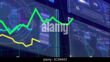 Displaying neon green trend line rising in control room, with yellow light blue lines, grid overlay Stock Photo
