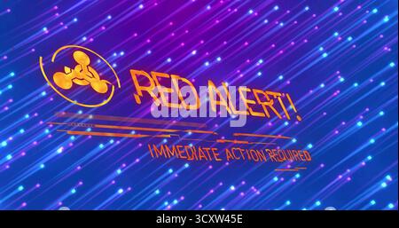 Displaying bold orange RED ALERT and IMMEDIATE ACTION REQUIRED text with triangle icon on neon UI Stock Photo