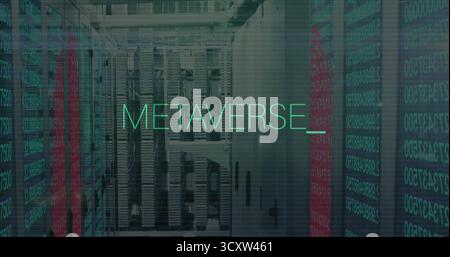 Floating METAVERSE text hovering over server racks in data center aisle with binary code overlay Stock Photo