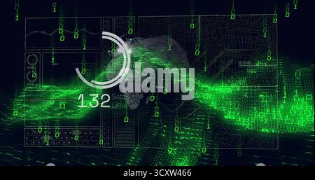 Displaying circular progress graphic showing 132 on digital interface with charts, map, binary bits Stock Photo