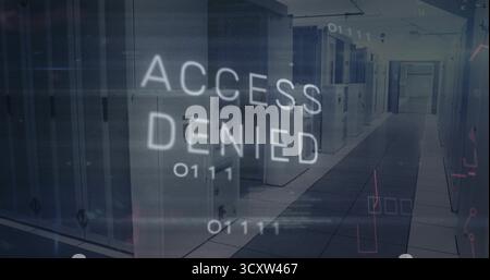 Digital ACCESS DENIED overlay hovering in data center corridor, with server racks and binary code Stock Photo